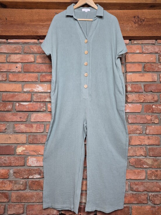 Mable Pants - Mabel 100% Cotton Gauze Jumpsuit M/L Sage Wide Leg Cropped Boho Lagenlook
